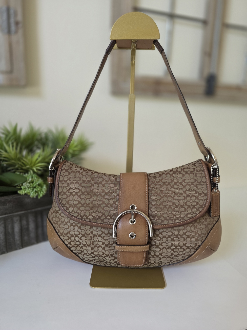 Coach Soho Signature Large Flap Shoulder Bag Brown Jacquard Canvas Leather Trim - Picture 2 of 16
